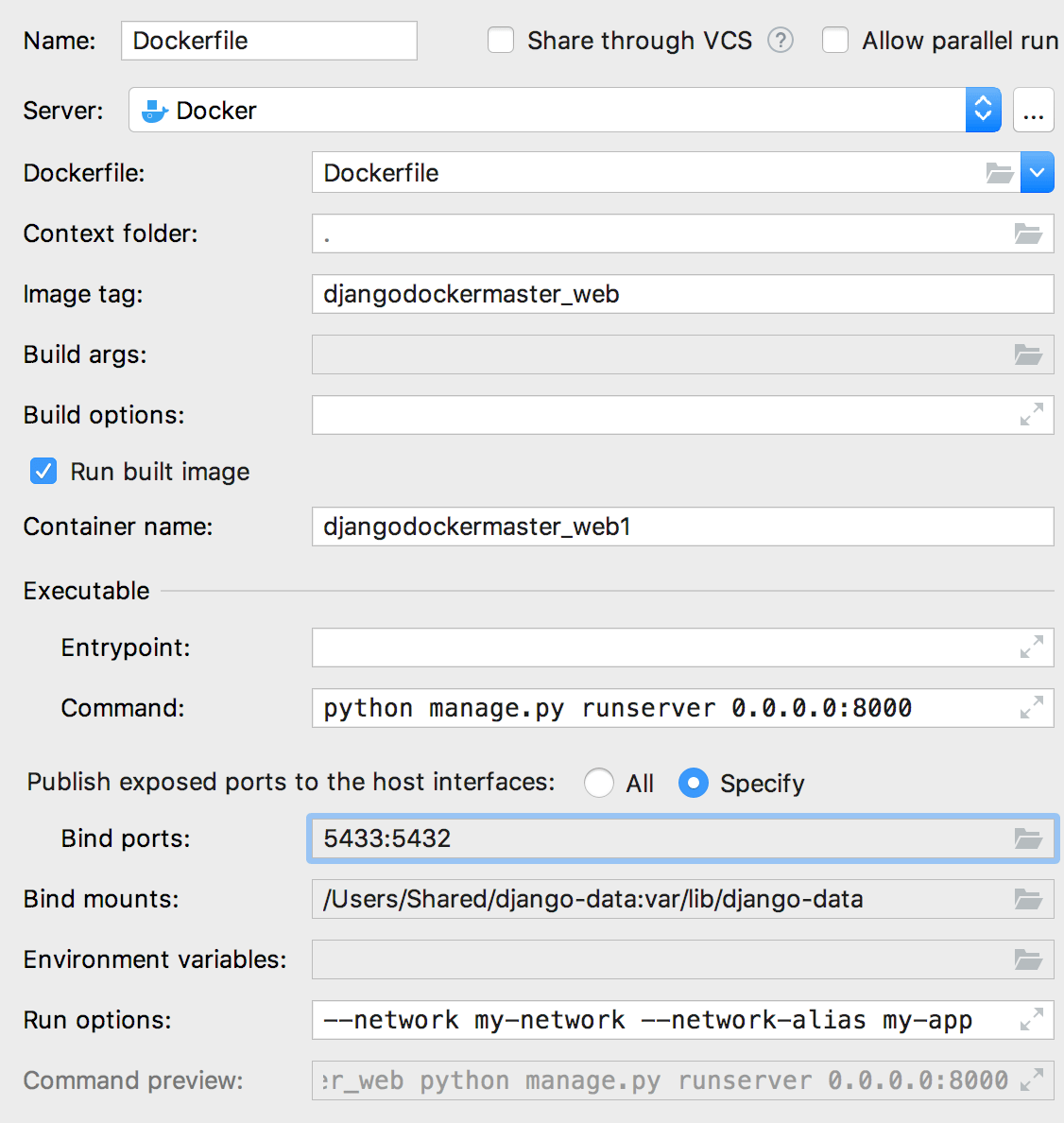 The Edit Deployment Configuration dialog with bind ports The Edit Deployment Configuration dialog with bind ports