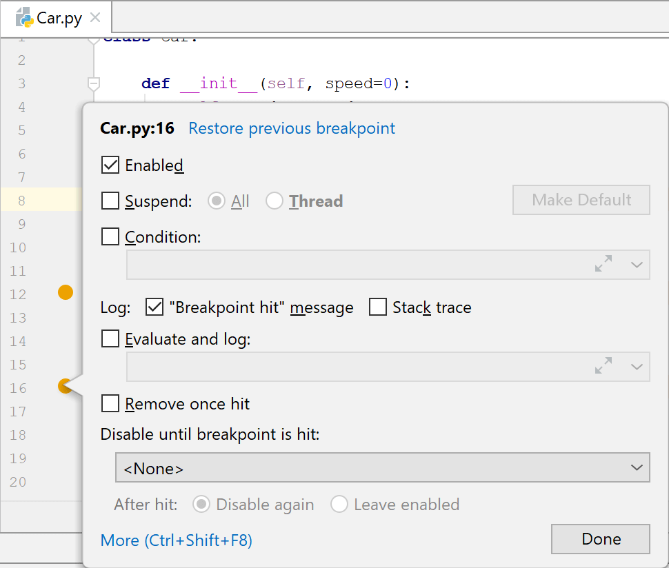 Adding an action breakpoint Adding an action breakpoint