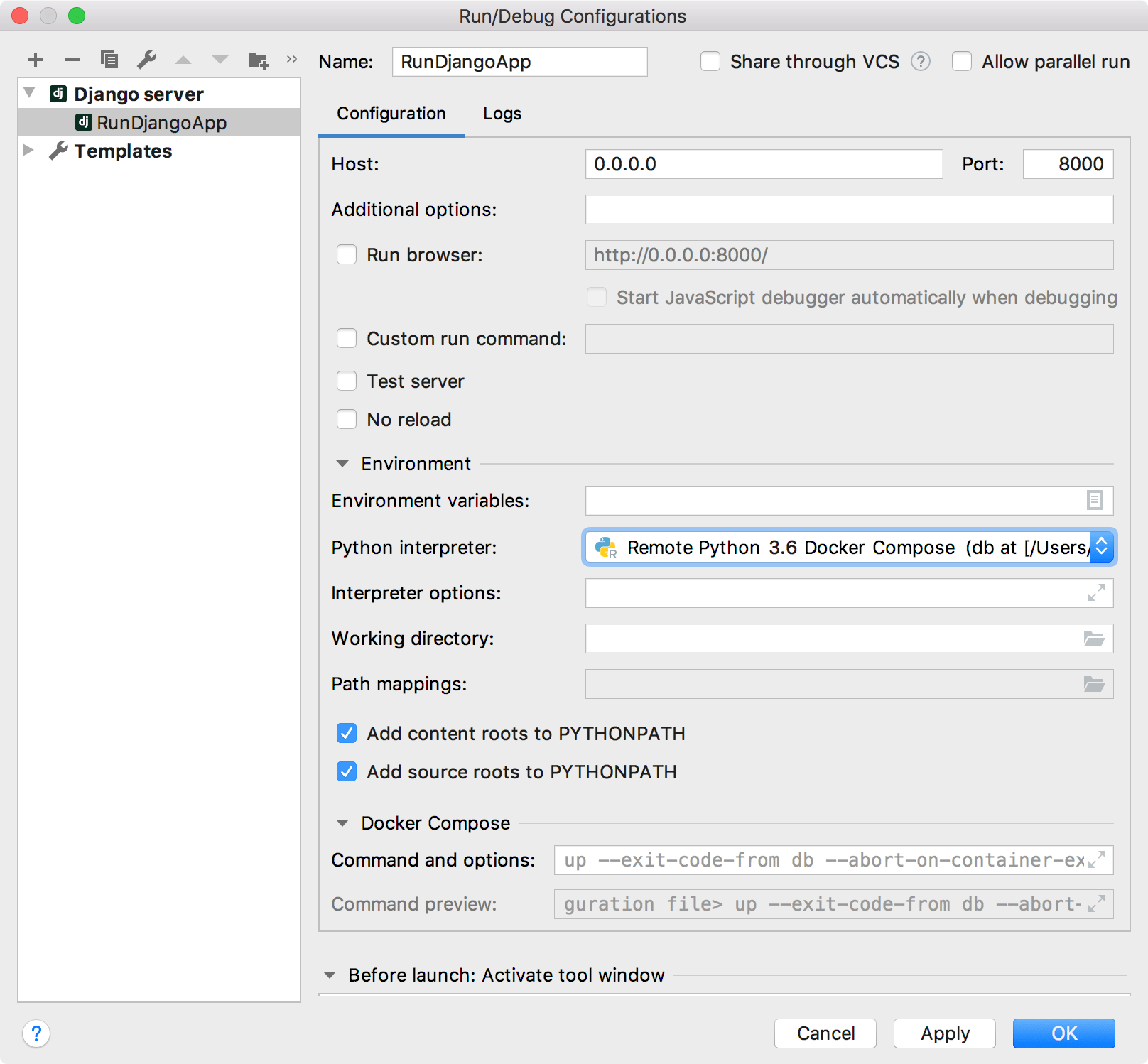 Run/Debug configuration for a Django server Run/Debug configuration for a Django server