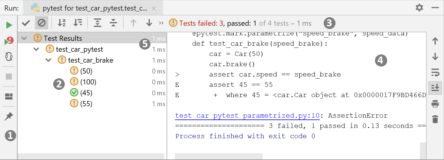 Test runner in the Run tool window Test runner in the Run tool window