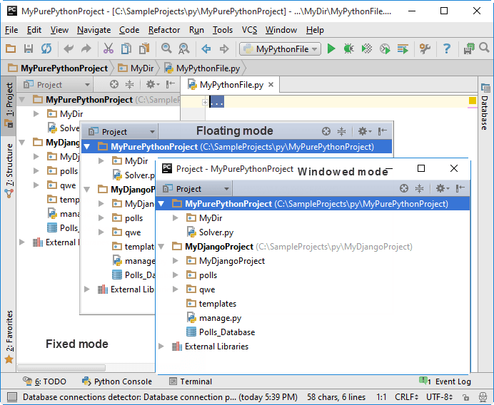 Tool window modes: fixed, floating, window Tool window modes: fixed, floating, window