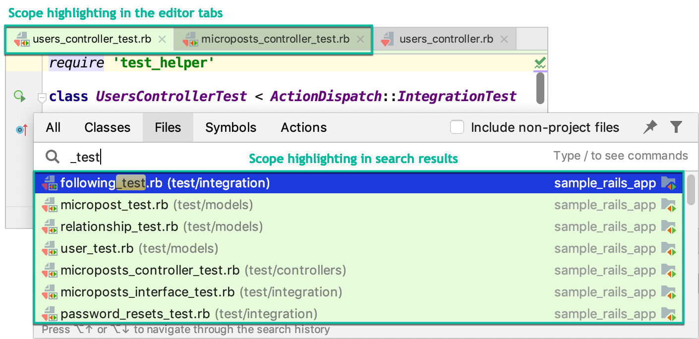 Scope highlighting in the editor tabs and search results