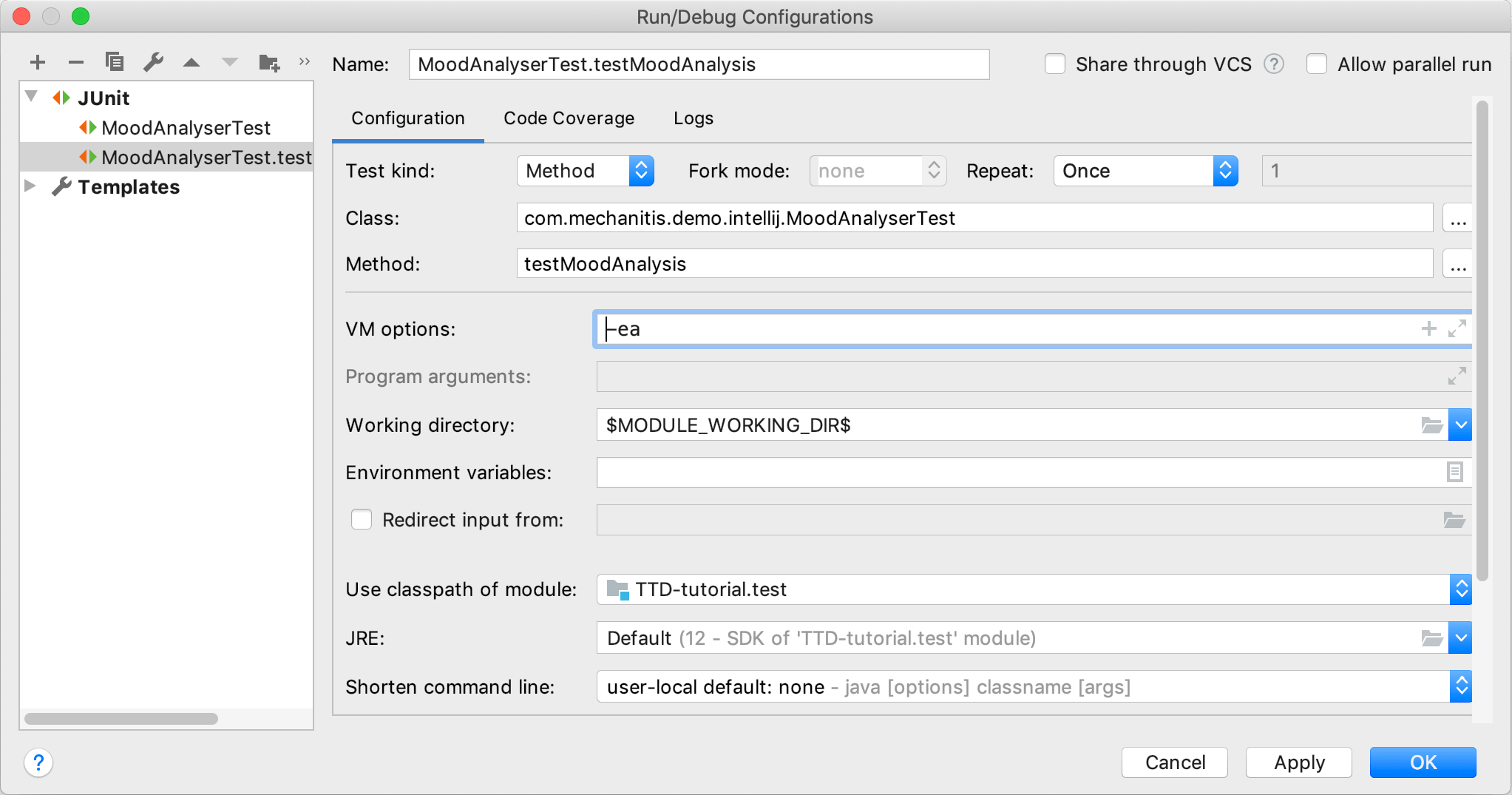 JUnit run/debug configuration for a method