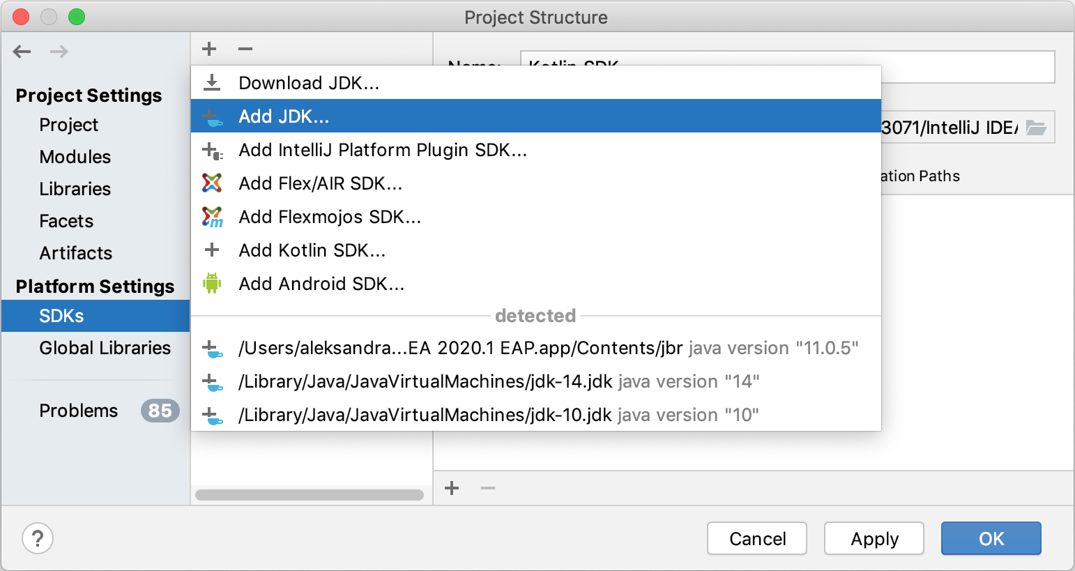 Show available SDKs in the Project Structure dialog