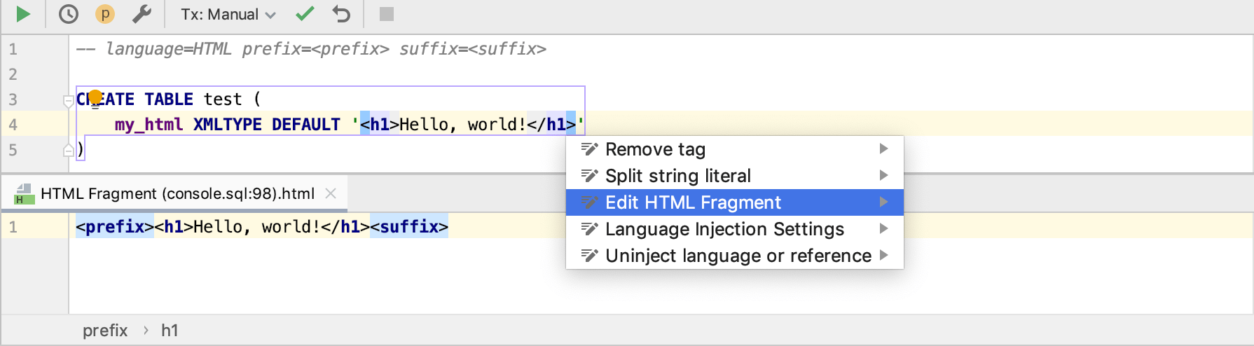 Using prefixes and suffixes in language injection Using prefixes and suffixes in language injection