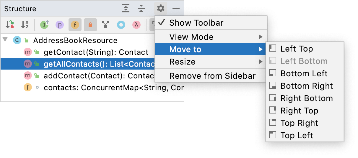 Tool window options menu: Move to Tool window options menu: Move to