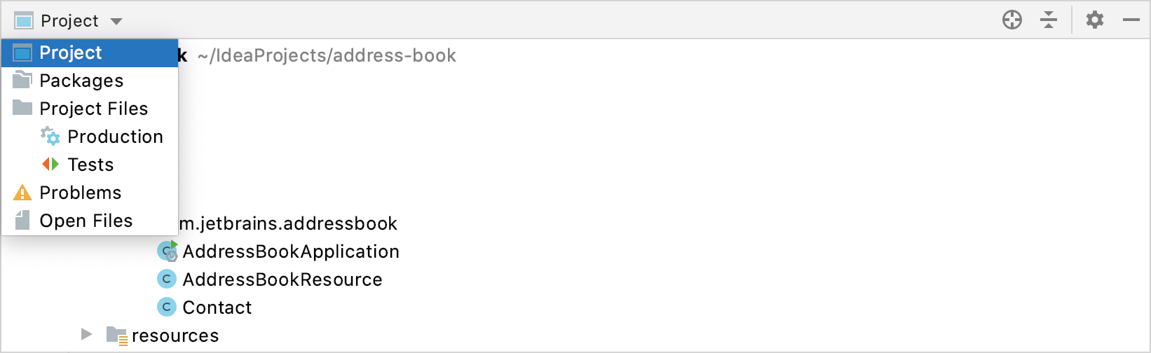 The Project tool window with the Group Tabs option disabled The Project tool window with the Group Tabs option disabled