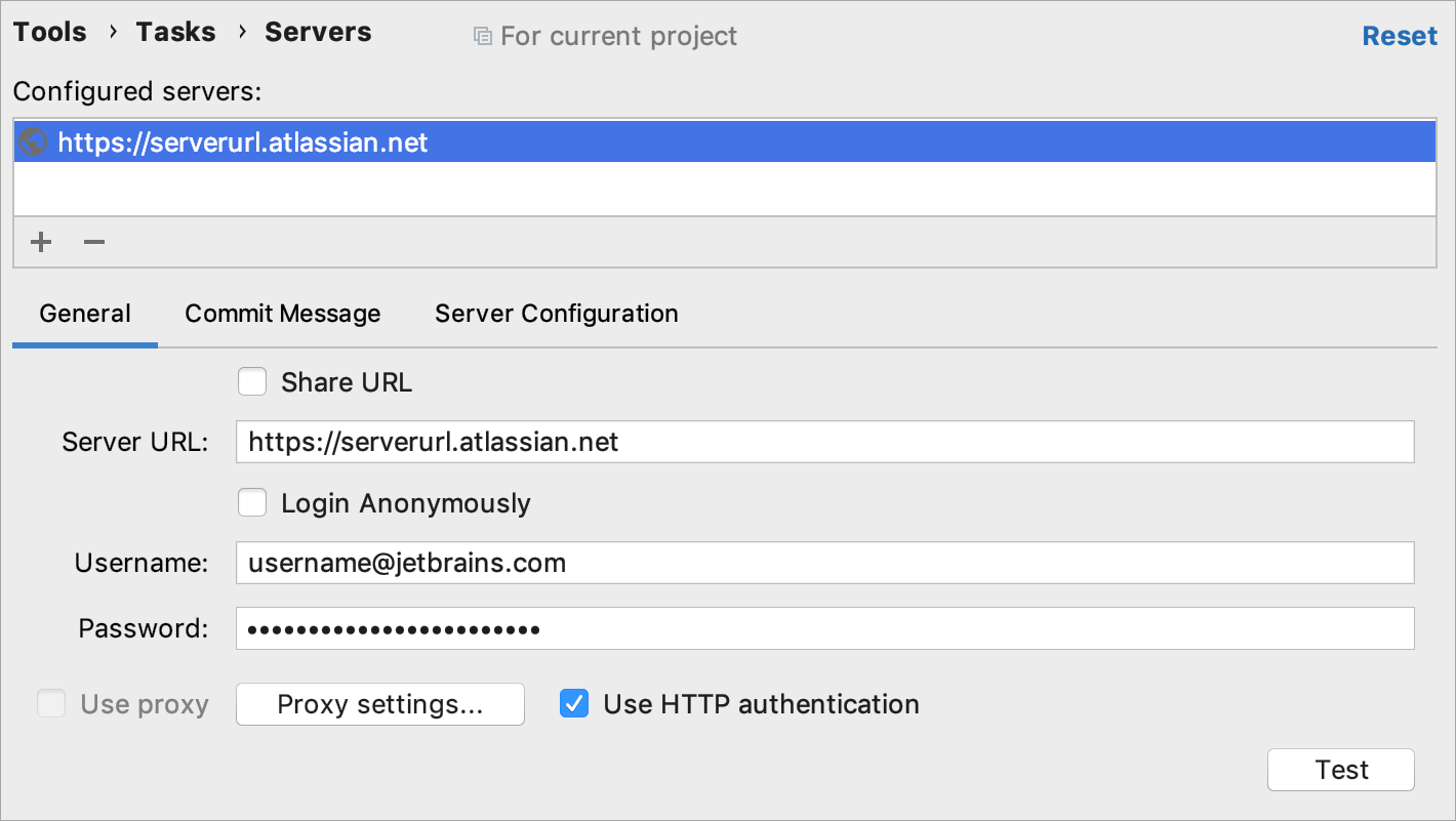 Specifying server URL and credentials Specifying server URL and credentials