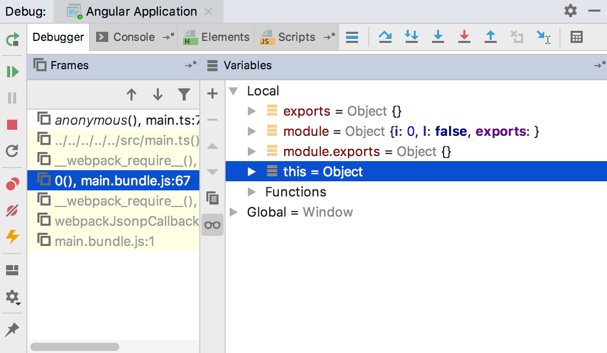 Debugging Angular: examine the suspended application in the Debug tool window