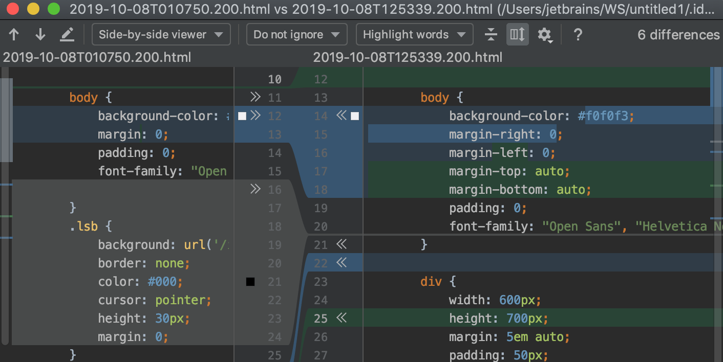 Comparing responses in the Difference Viewer for files Comparing responses in the Difference Viewer for files