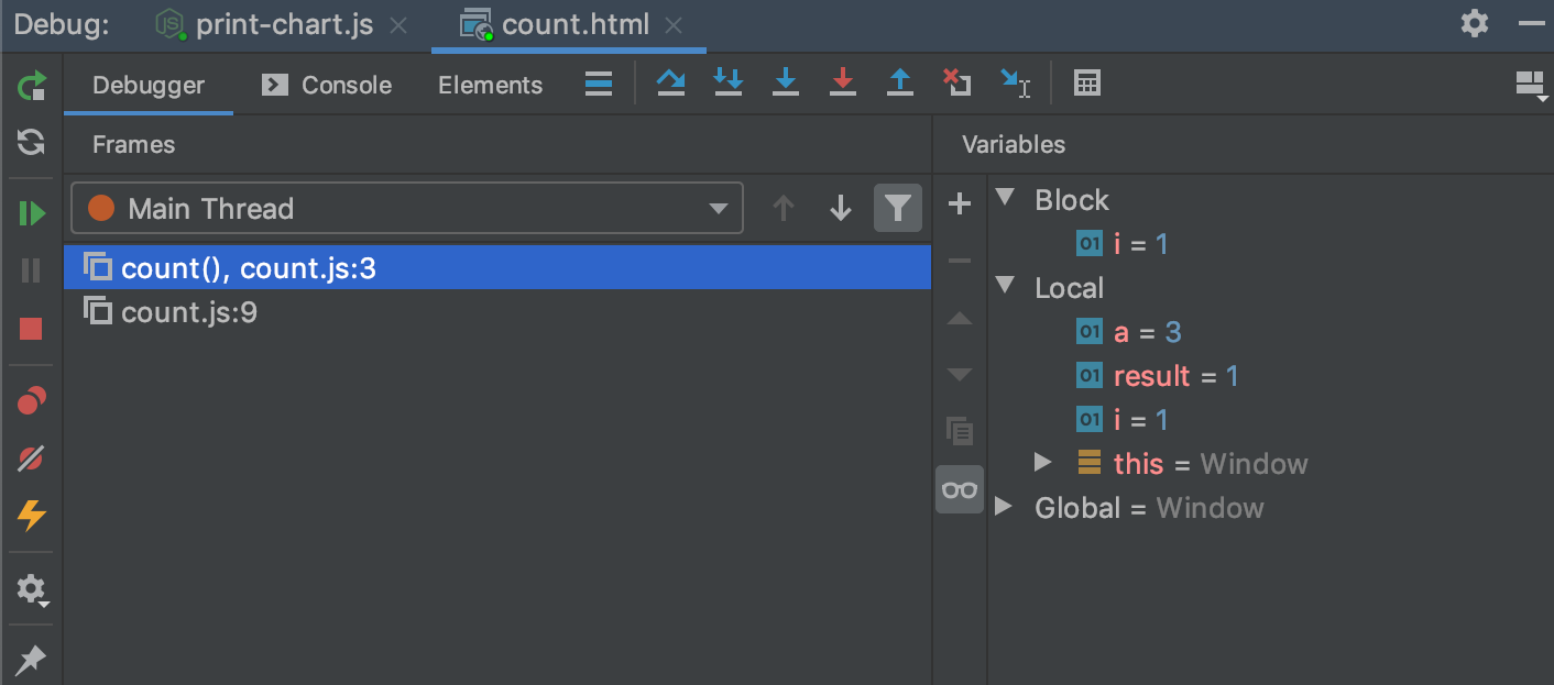 The Variables tab shows you the variables visible from the current execution point