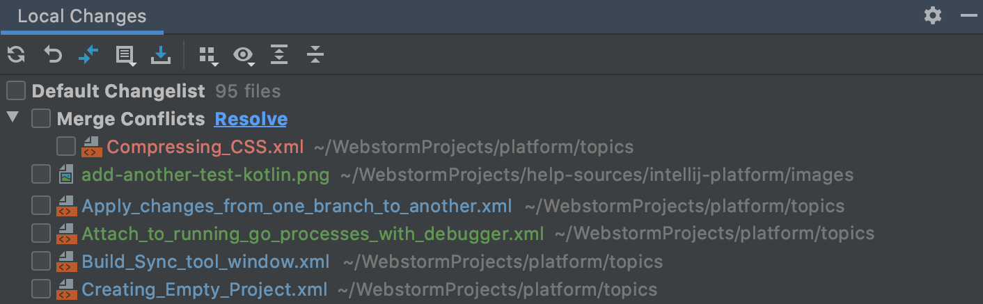 The Merge Conflicts node in the Local Changes view The Merge Conflicts node in the Local Changes view