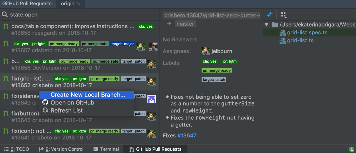 GitHub Pull Requests wool window GitHub Pull Requests wool window