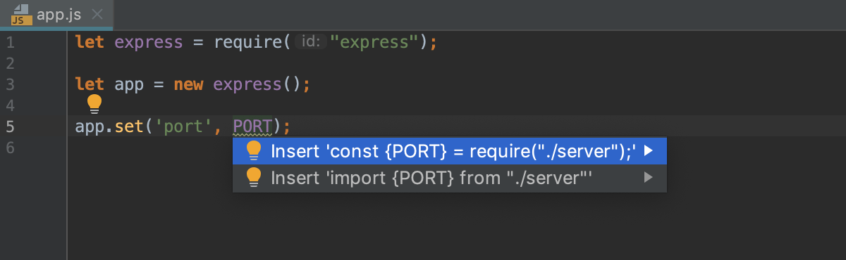 非構造化:Node.jsアプリに「require()」クイックフィックスを挿入する Destructuring: Insert ‘require()’ quick-fix in Node.js app