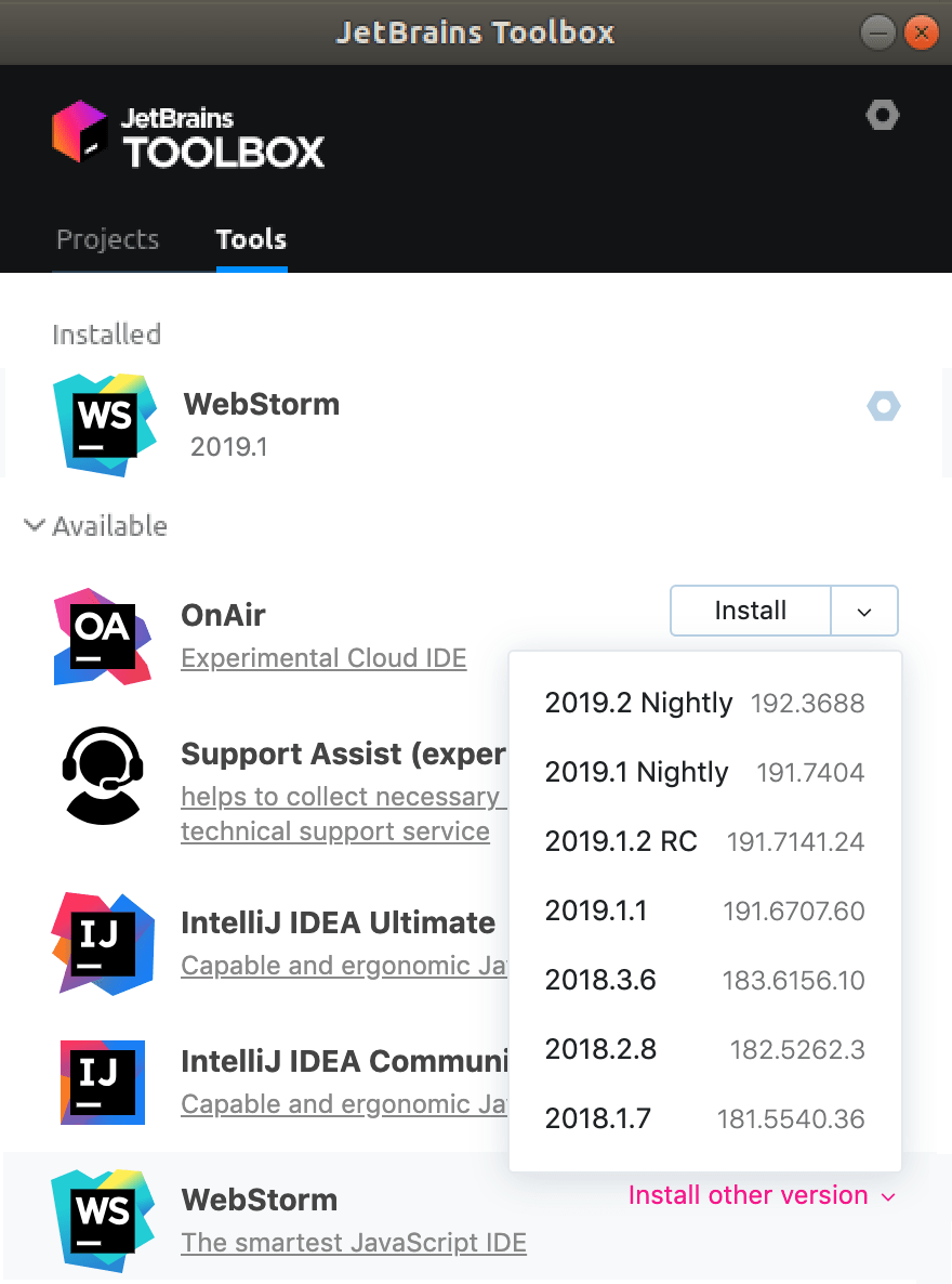 JetBrains ToolboxアプリのWebStorm WebStorm in the JetBrains Toolbox App