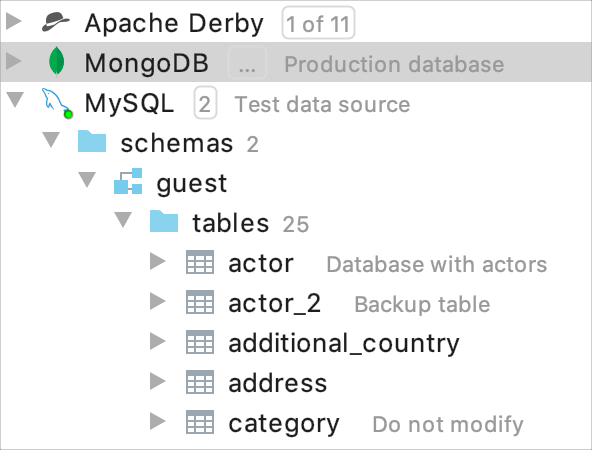 Show descriptions for databases and tables Show descriptions for databases and tables