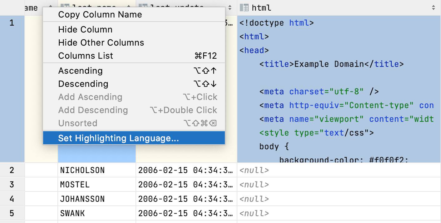 Inject a language for a column Inject a language for a column