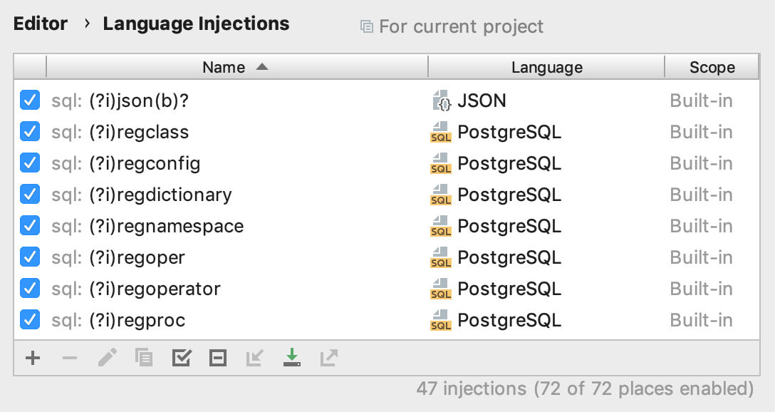Language injections settings Language injections settings