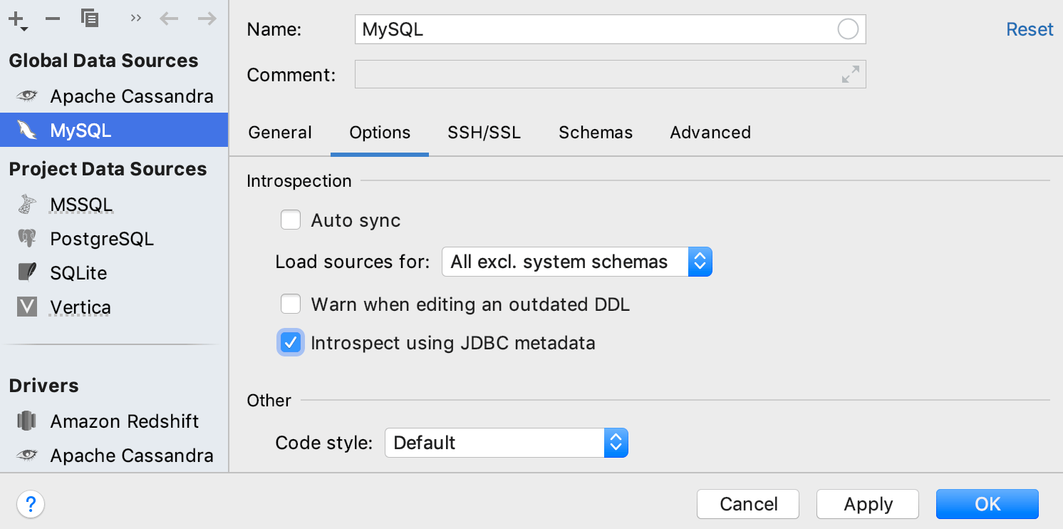 Switch to the JDBC-based introspector Switch to the JDBC-based introspector
