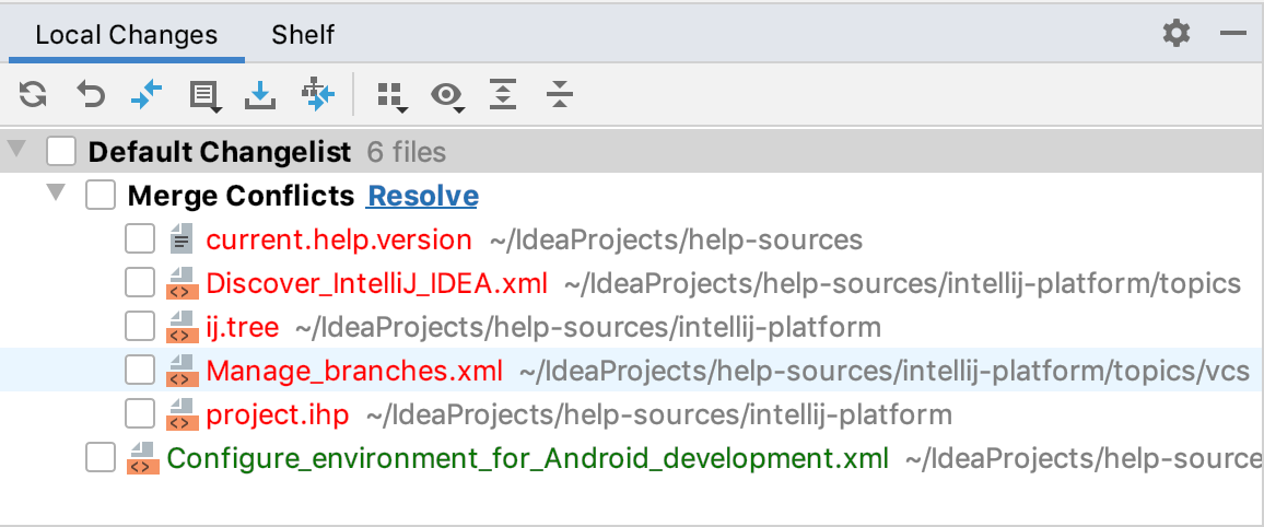 The Merge Conflicts node in the Local Changes view The Merge Conflicts node in the Local Changes view