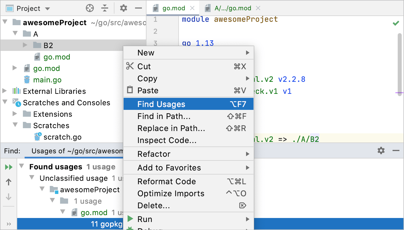 the Find Usages action is available in the context menu in the Project tool window the Find Usages action is available in the context menu in the Project tool window