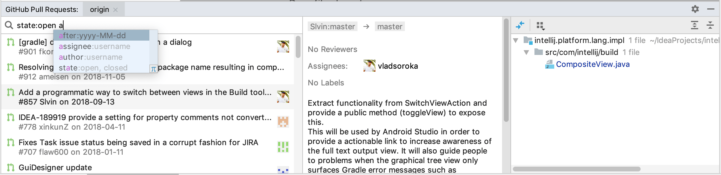 GitHub Pull Requests wool window GitHub Pull Requests wool window