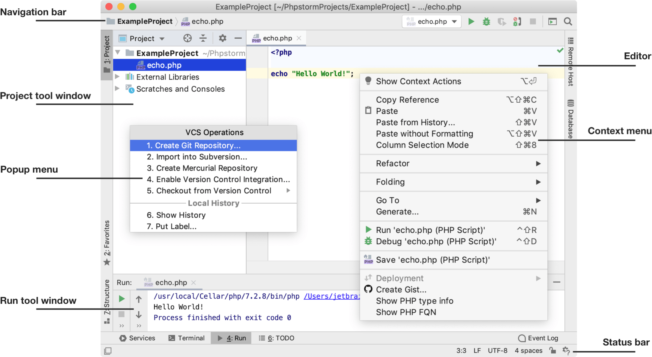 Run echo. PHPSTORM Интерфейс. Бинарные действия в контекстном меню. App fast Actions context menu. User information Pop up Window examples.