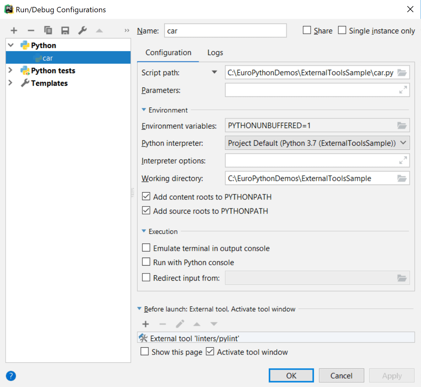 External tools. Add configuration. External Run. Ext Tool.