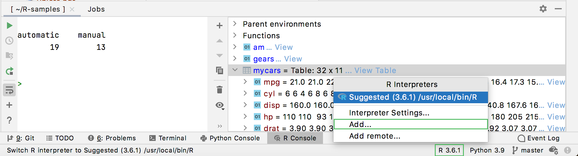 R interpreter selector