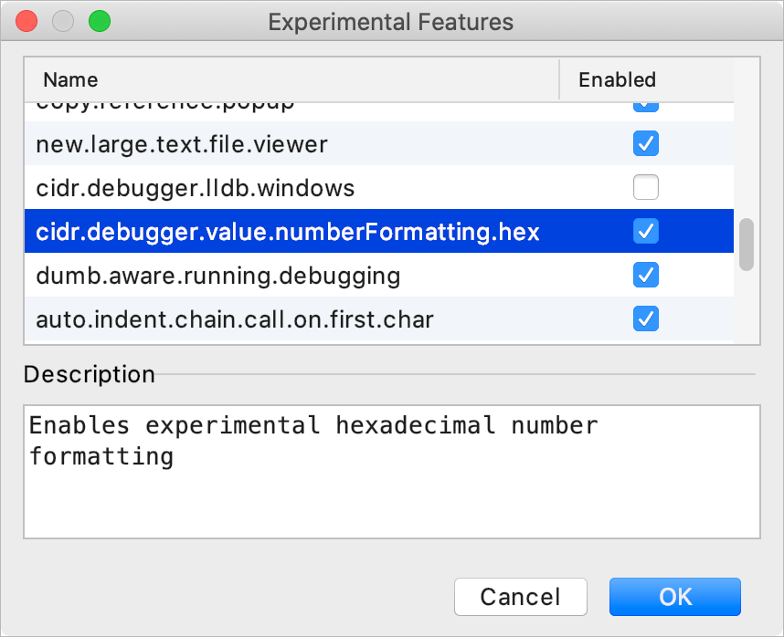Enable hex view in Experimental features