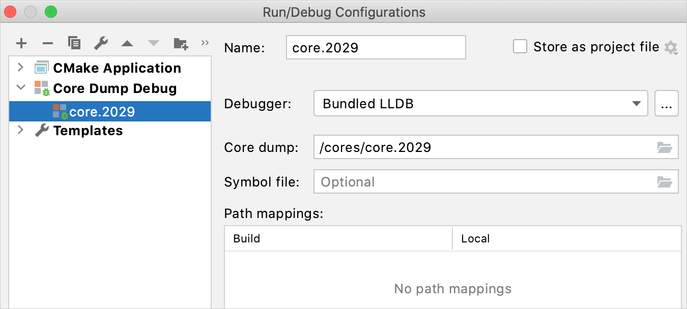 Core Dump Debug configuration