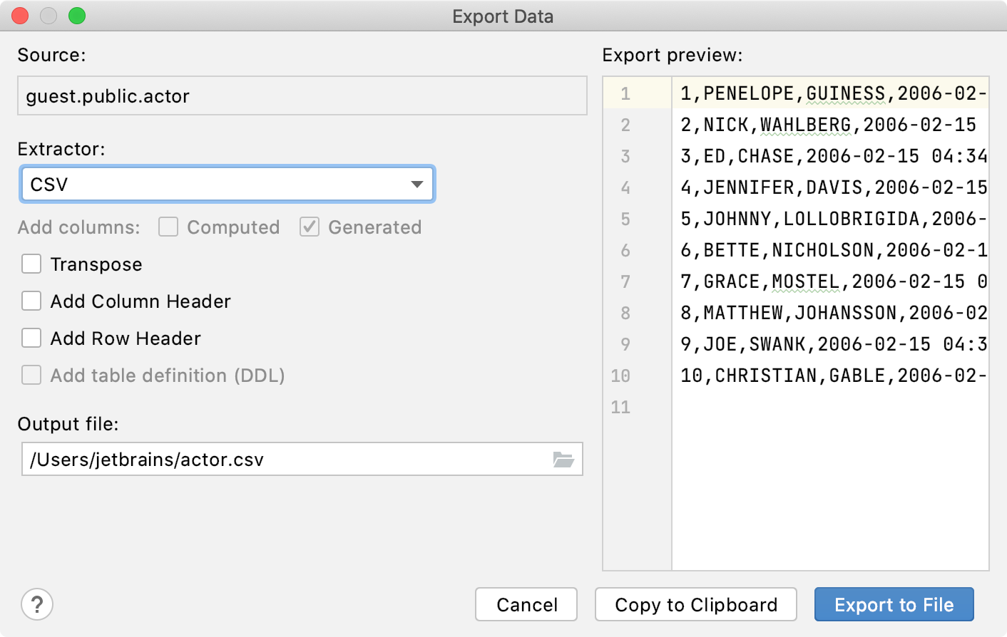 the Export to the clipboard action is in the context menu