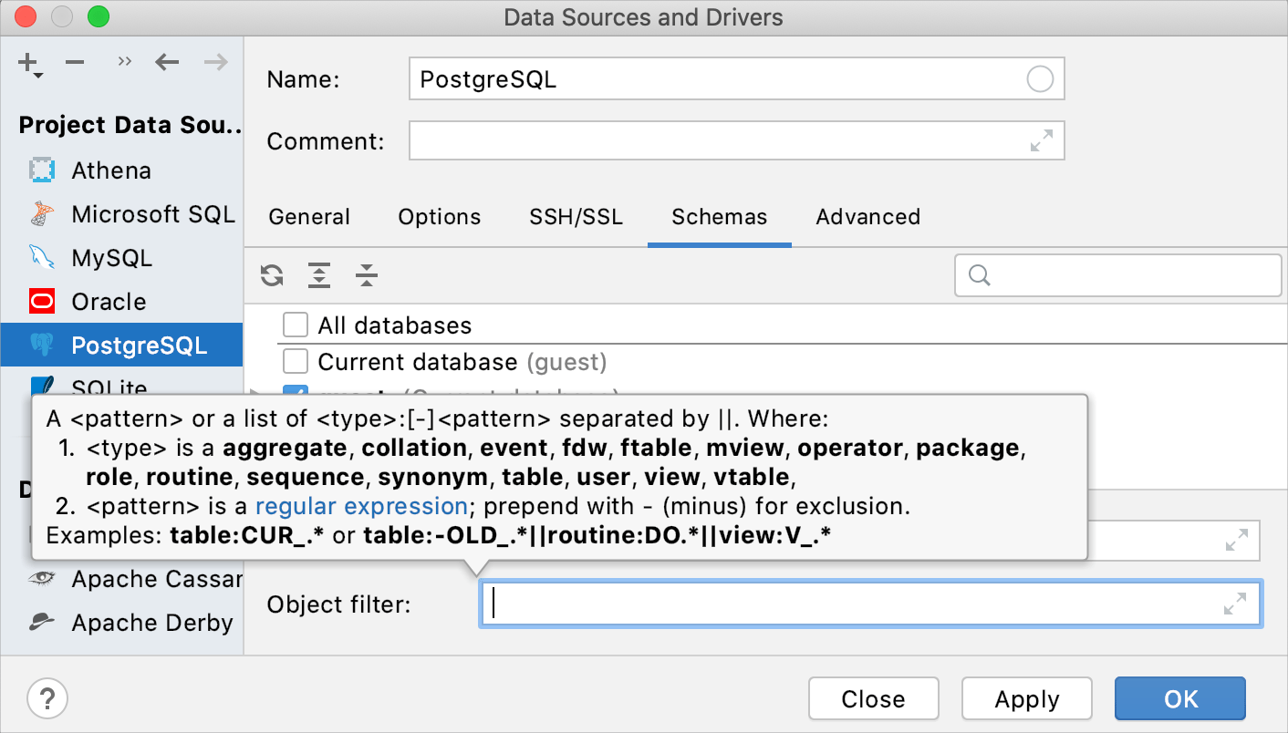 The Object Filter field in data source options