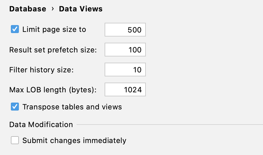 The Data Views menu of the Database settings