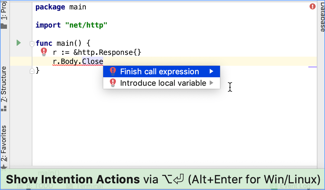 Using the Finish call expression quick fix