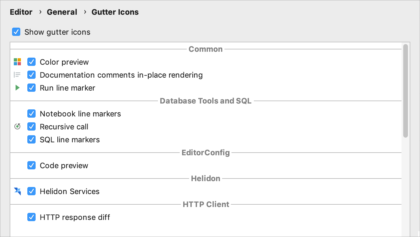 Gutter icons settings in the Settings/Preferences dialog