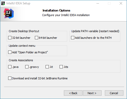 The Installation Options step of the installation wizard