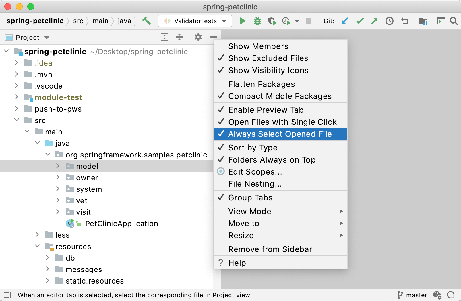 Enabling the 'Always select opened file' option Enabling the 'Always select opened file' option