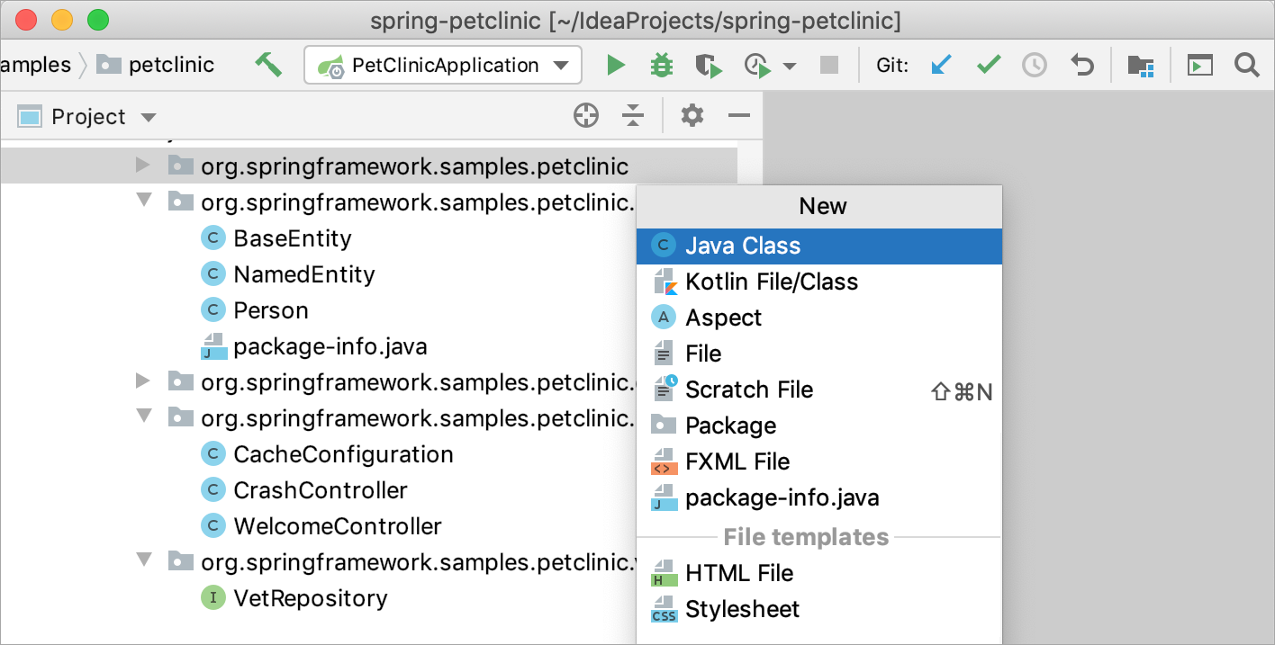 Creating a new object in the Project tool window Creating a new object in the Project tool window