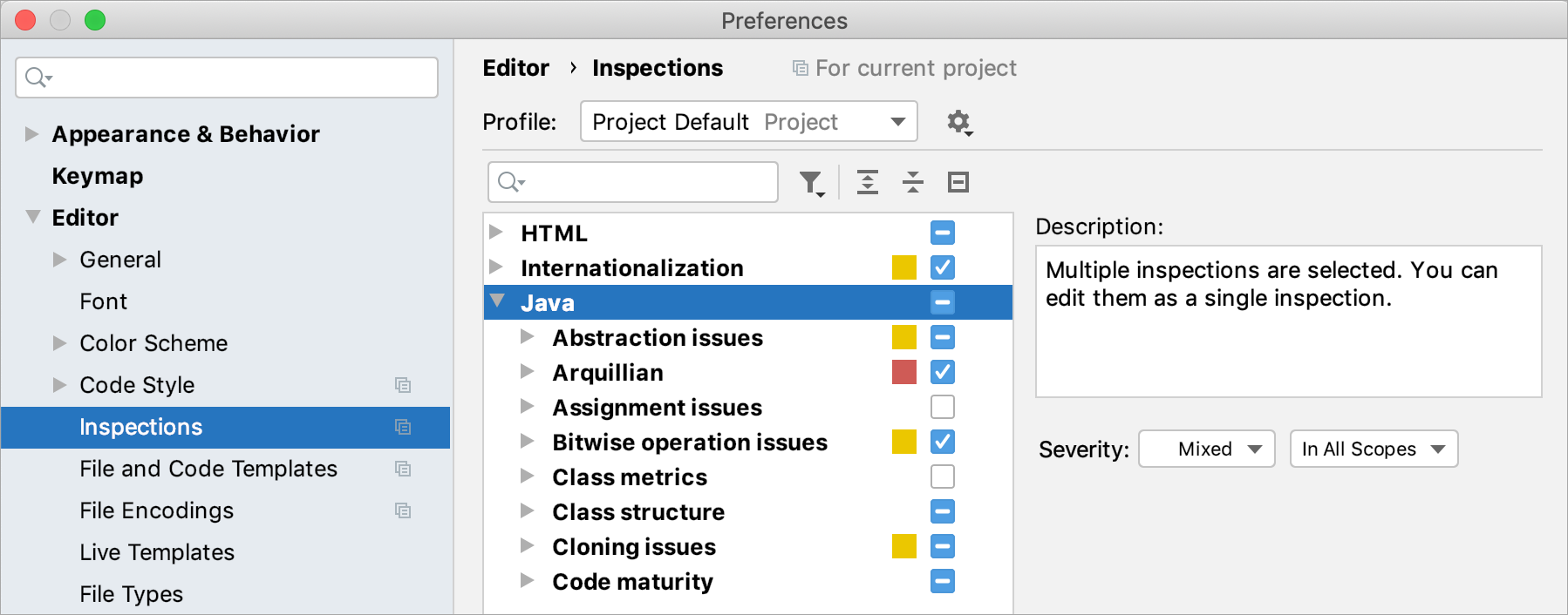 the Inspections dialog the Inspections dialog