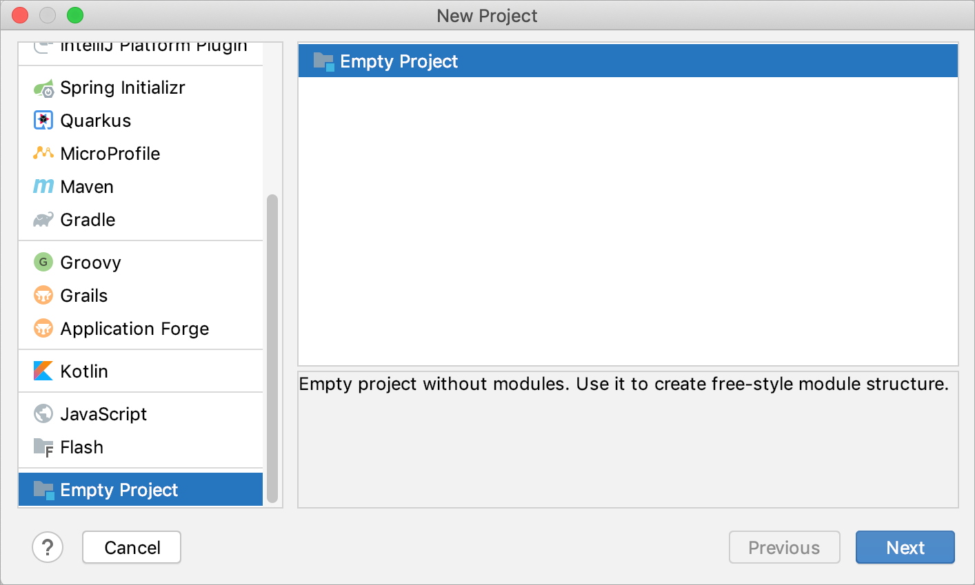 Creating a new empty project