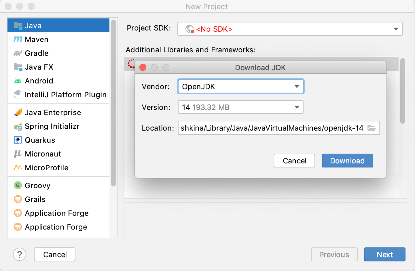 Downloading a JDK for the new project