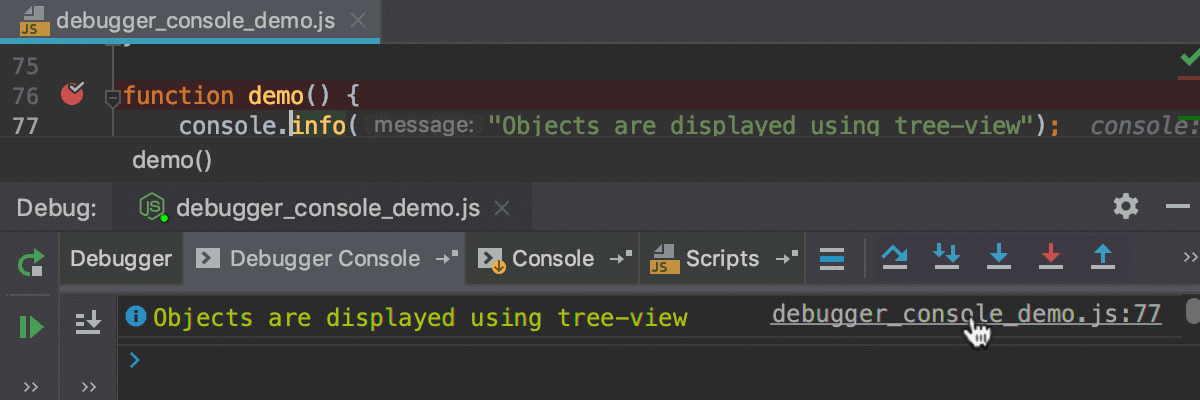 Node.js interactive debugger console: navigation to source code