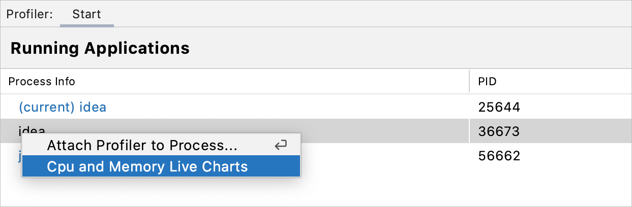 Accessing live charts for a running process