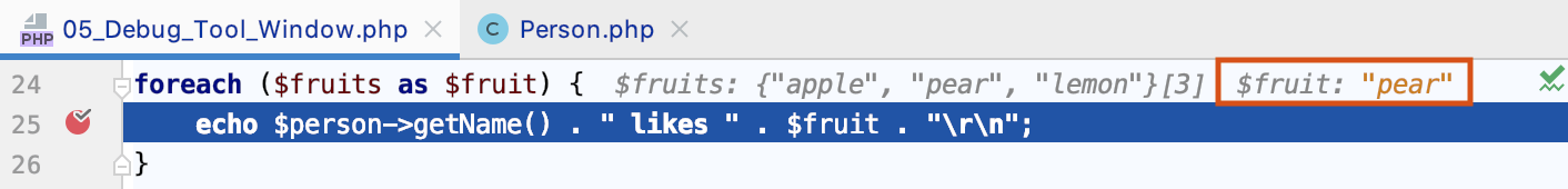 変数のインライン値は各ステップで変化する Inline values of the variables change with each step