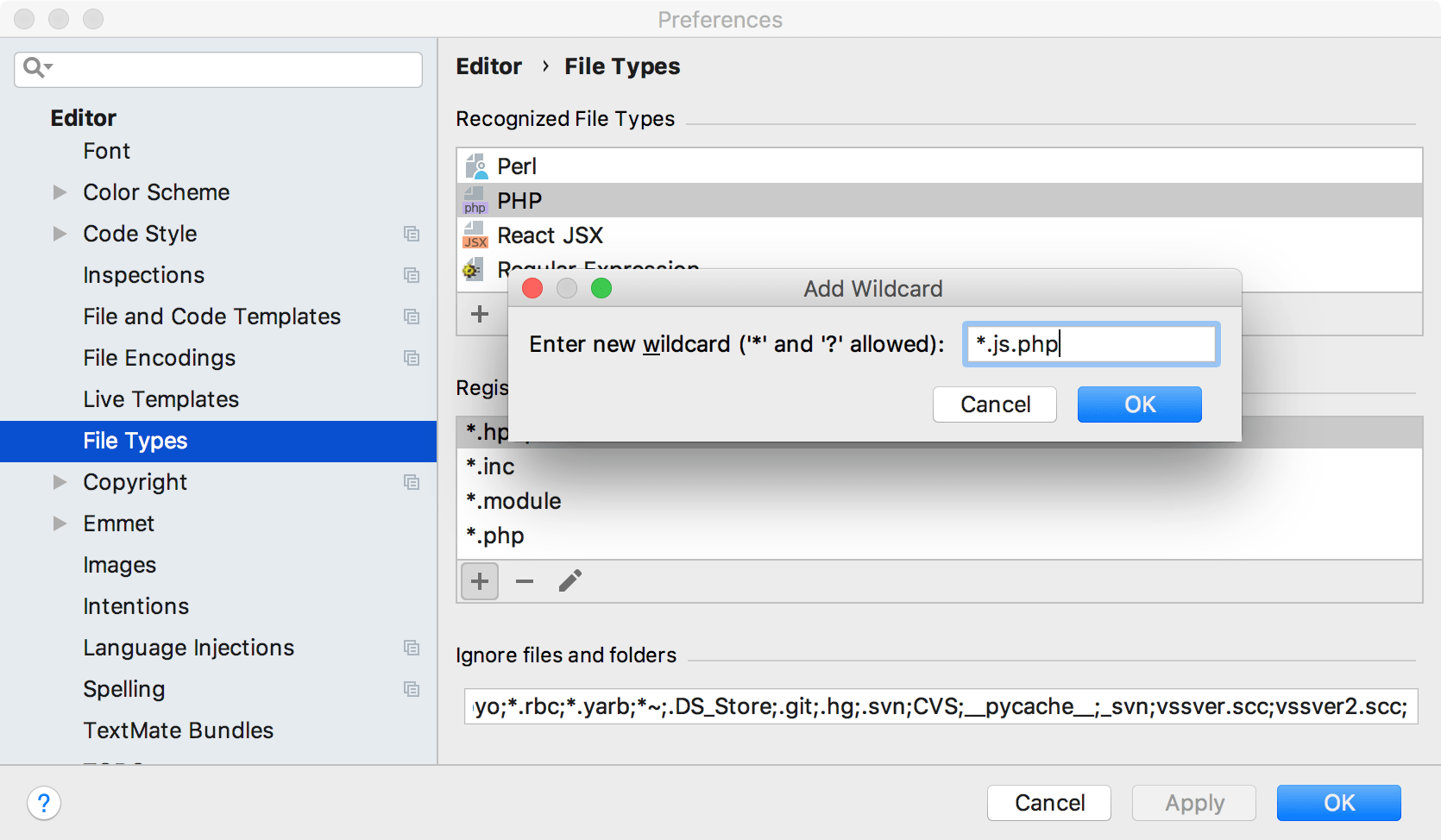 File types settings page