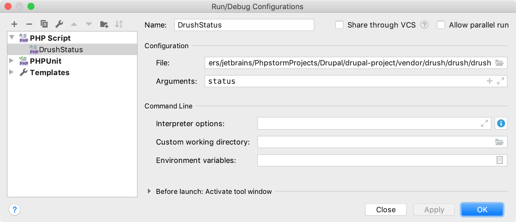 Run/Debug Configurations dialog for Drupal CLI command