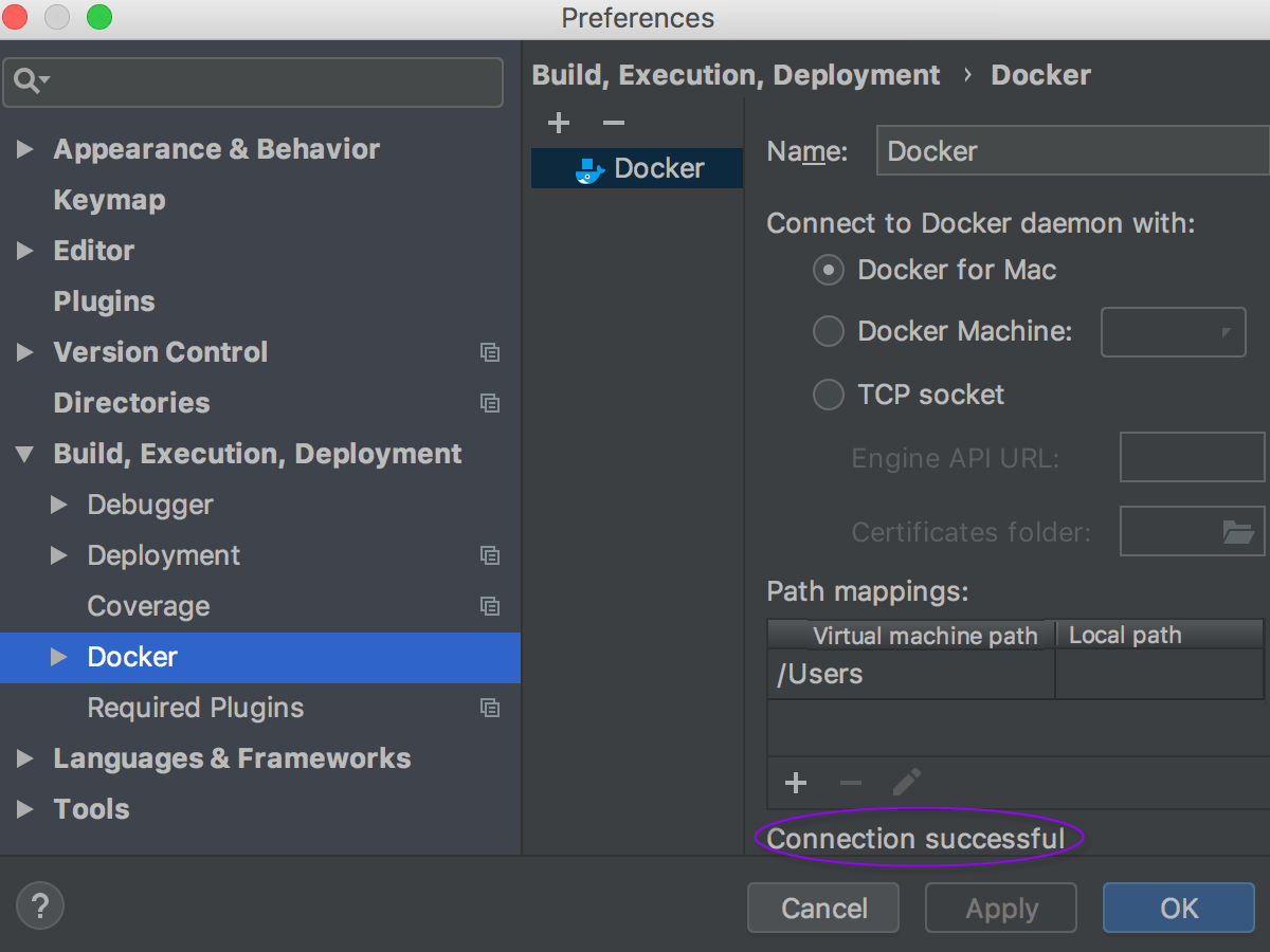 Docker connection settings