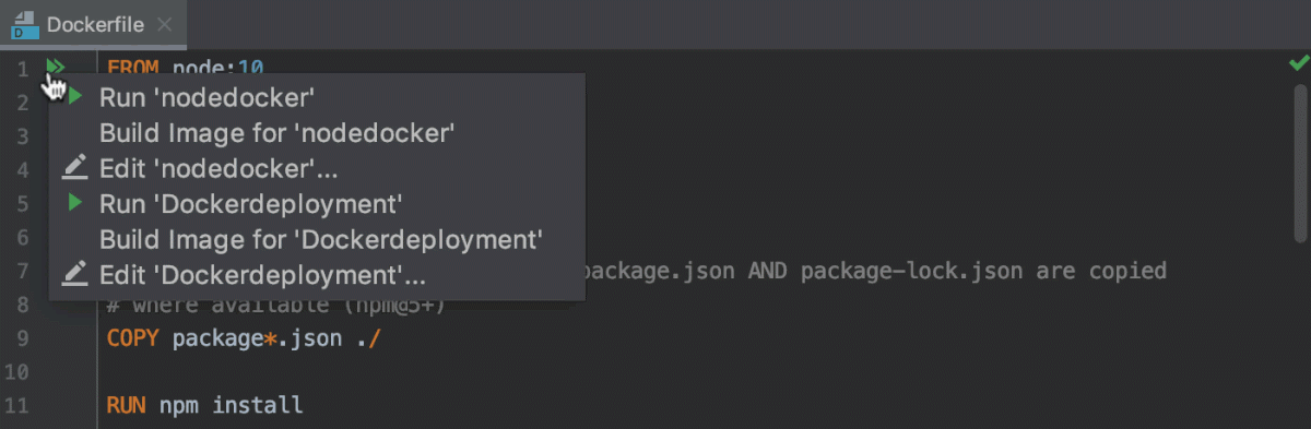 Open the Edit Deployment Configuration dialog from the Dockerfile