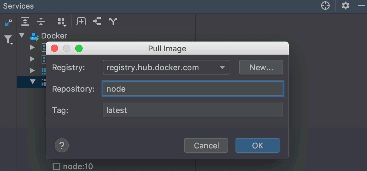 Docker tool window: pull image
